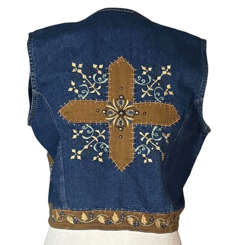 Studded Western Sleeveless Cropped Vest Size Medium Cross Blue Boho Festival - Picture 4 of 13